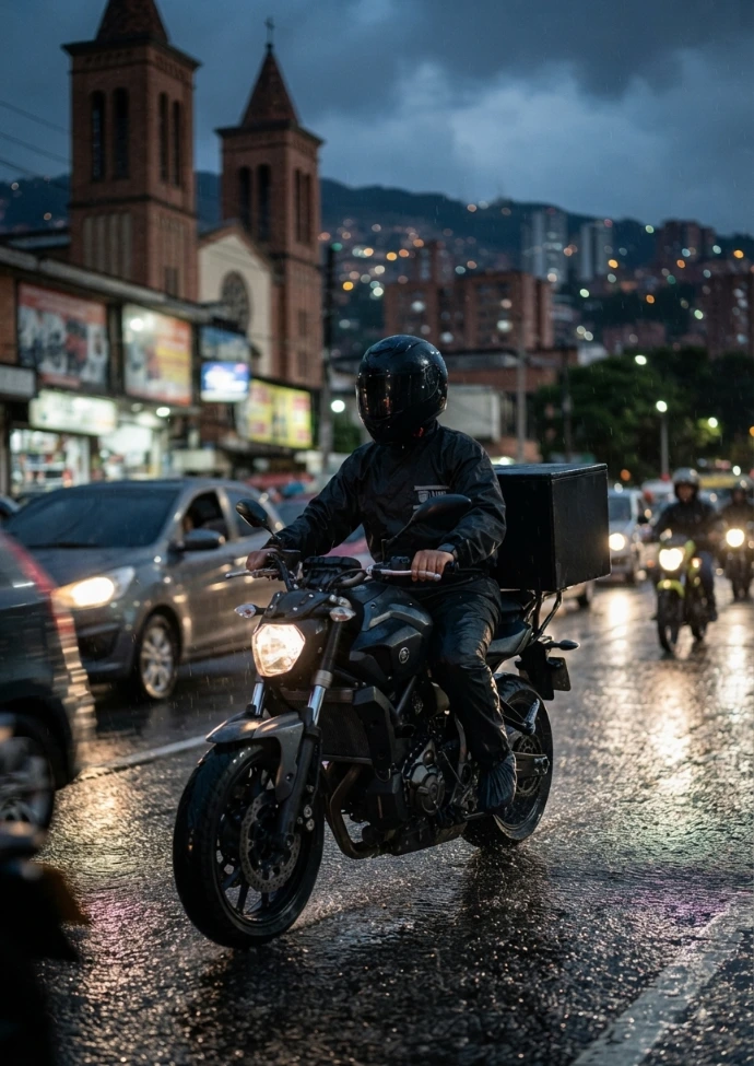 Motociclista conduciendo en la ciudad con equipamiento impermeable Lince Motorcycle