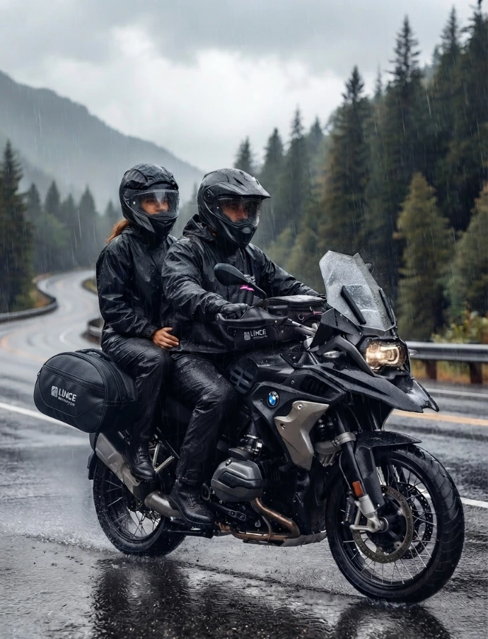Motociclistas usando equipamiento e impermeables Lince Motorcycle en carretera