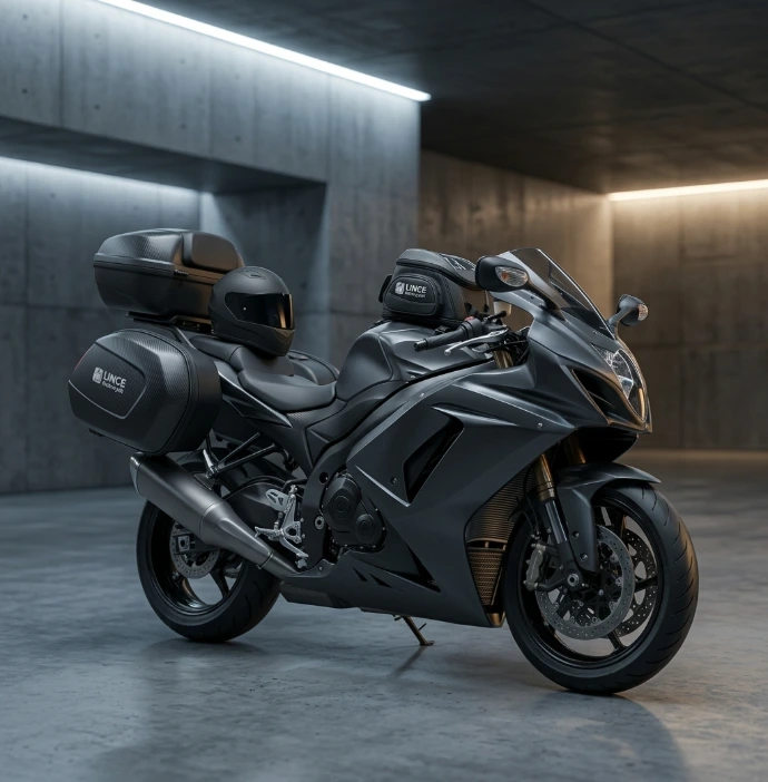 Motocicleta equipada con alforjas y maleteros para viaje Lince Motorcycle